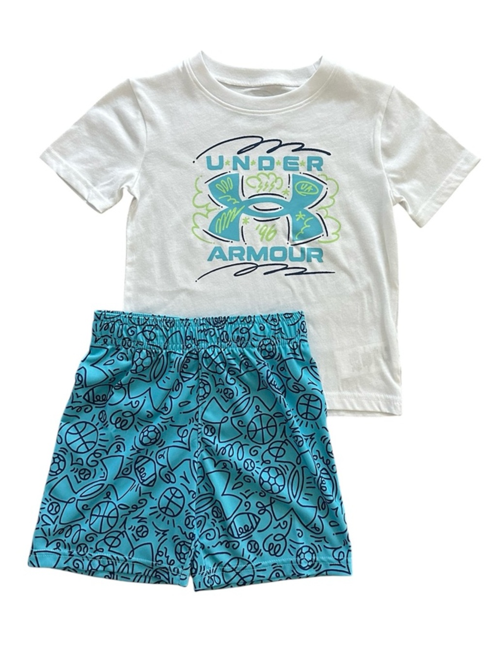 Under Armour White Tee with Aqua Blue Sports Printed Shorts Set NWT Boys Size 4